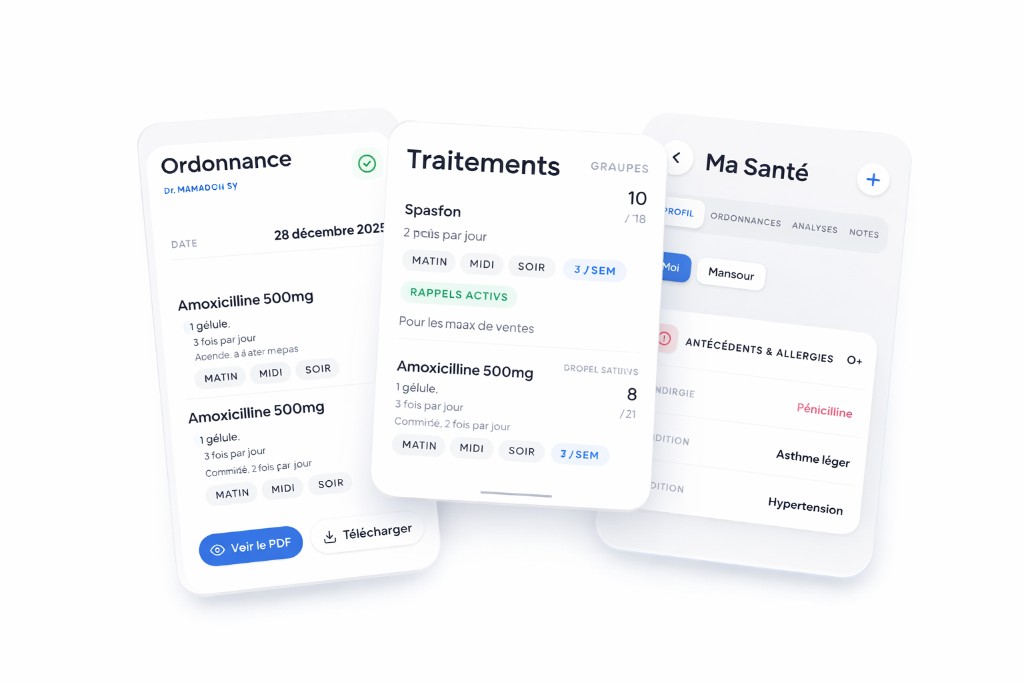 Ordonnances et résultats d'analyses dans l'application Mely
